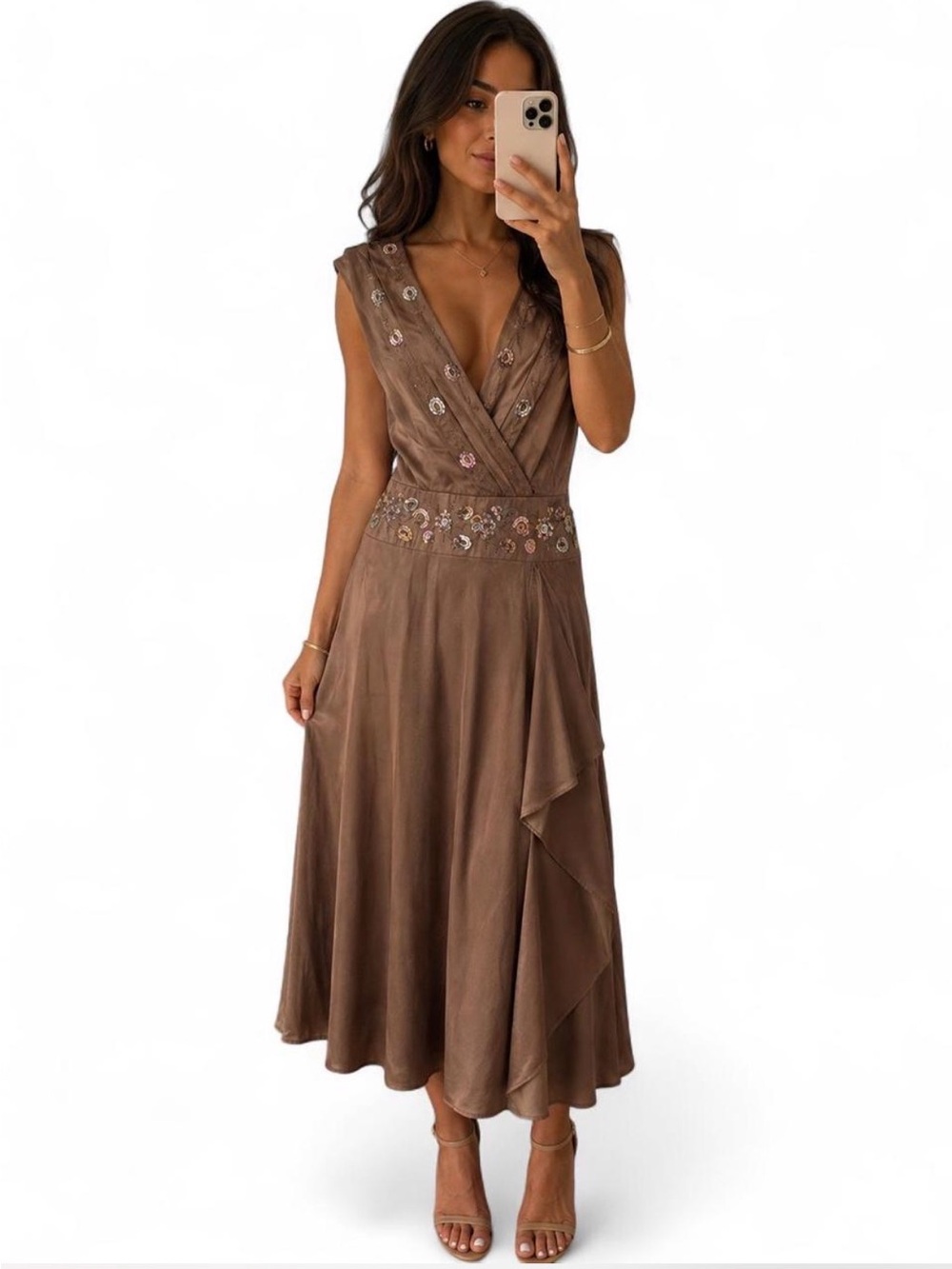 Vintage Brown Embroidered V-Neck Midi Dress